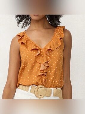 LC Lauren Conrad Mustard Polka Dot Ruffle V-Neck Sleeveless Blouse Large
